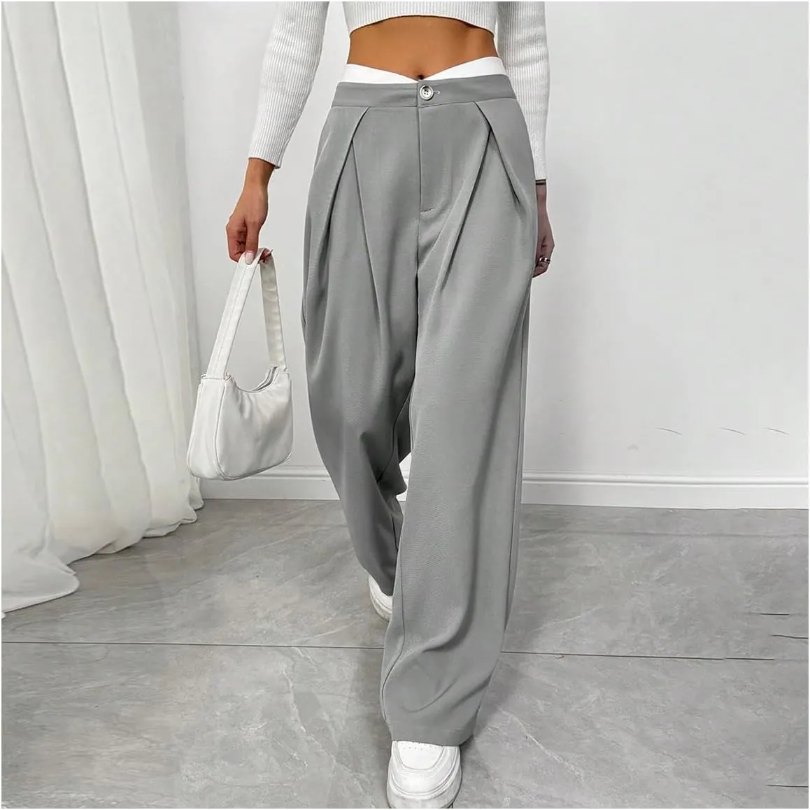 MakeMeChic Women's Asymmetrical High Waist Zipper Fly Button Front Pleated Wide Leg Pants