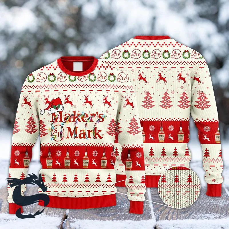Maker's Mark Whiskey Reindeer Snowy Night Ugly Sweater