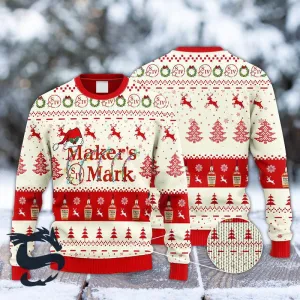 Maker's Mark Whiskey Reindeer Snowy Night Ugly Sweater