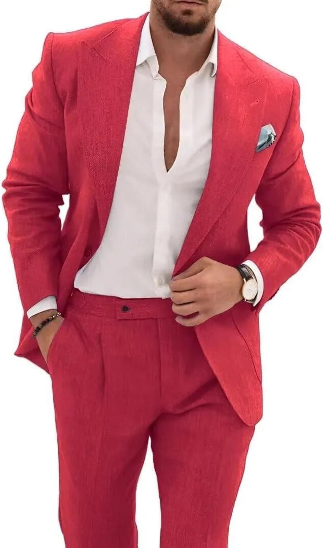 Mens 2 Piece Linen Suit Casual Beach Wedding Blazer Pants Set Summer Linen Suit for Men