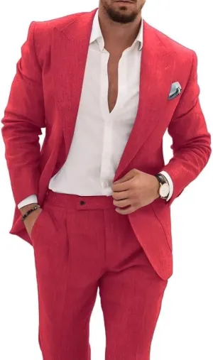 Mens 2 Piece Linen Suit Casual Beach Wedding Blazer Pants Set Summer Linen Suit for Men