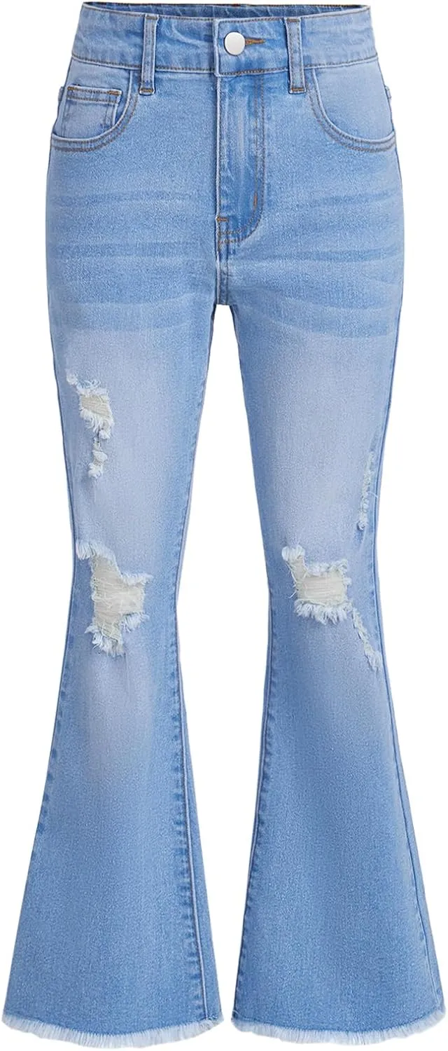 Milumia Girl's Ripped Flare Bell Bottom Jeans High Waist Denim Pants with Pockets