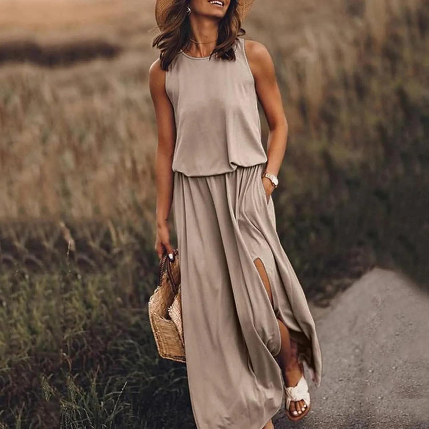 NaRHbrg Women Summer Dresses Sleeveless Casual Summer Maxi Dress Smocked Flowy Irregular Hem Sundresses Beach Long Tank Dress