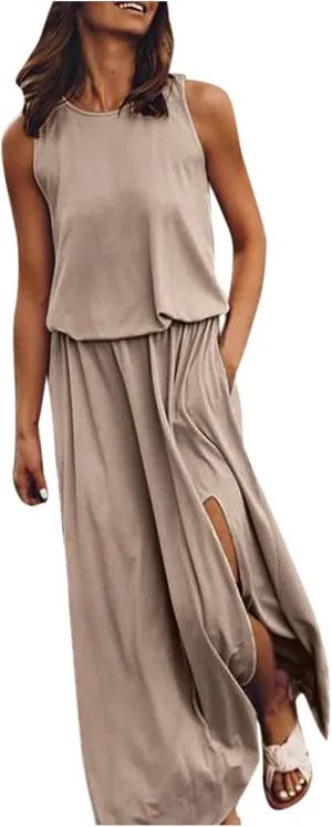 NaRHbrg Women Summer Dresses Sleeveless Casual Summer Maxi Dress Smocked Flowy Irregular Hem Sundresses Beach Long Tank Dress