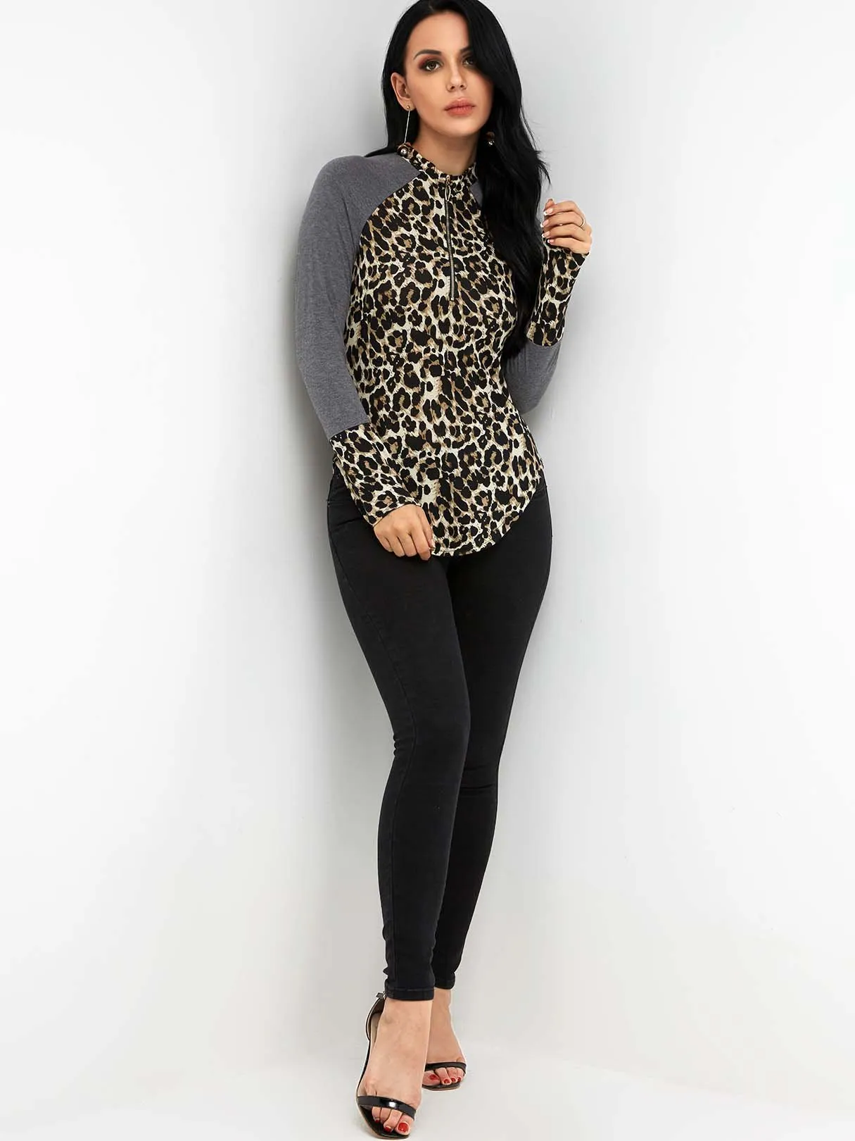 OEM ODM Round Neck Leopard Zip Back Long Sleeve Curved Hem T-Shirts