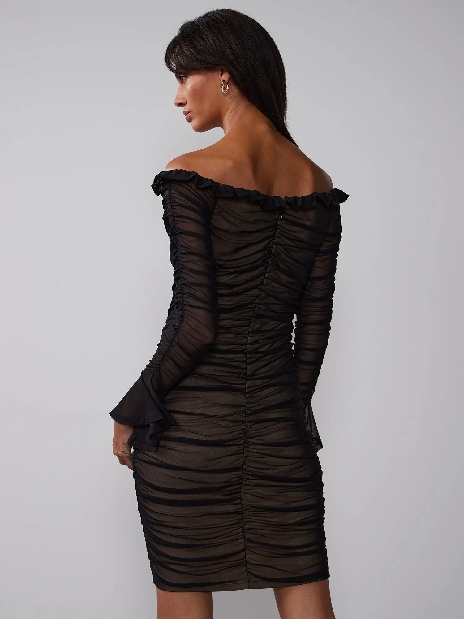 Off-Shoulder Ruched Mesh Dress