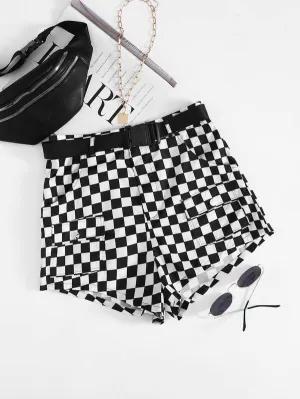 Push Buckle Belted Flap Pocket Front Checkered Shorts