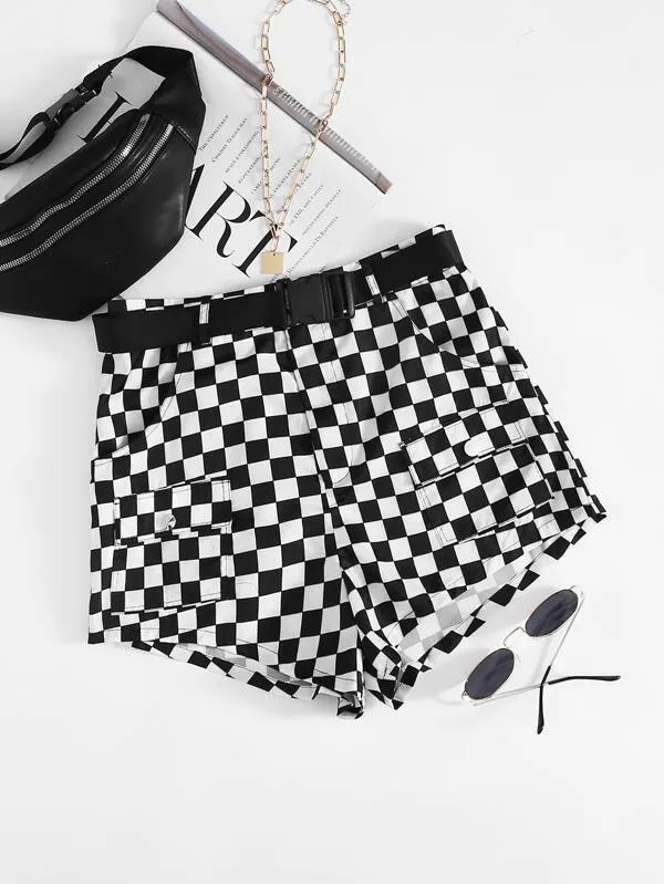 Push Buckle Belted Flap Pocket Front Checkered Shorts