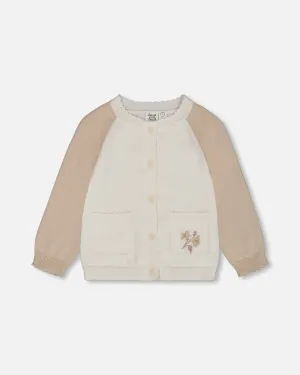 Raglan Sleeve Cardigan Sweater With Embroidery Cream And Beige