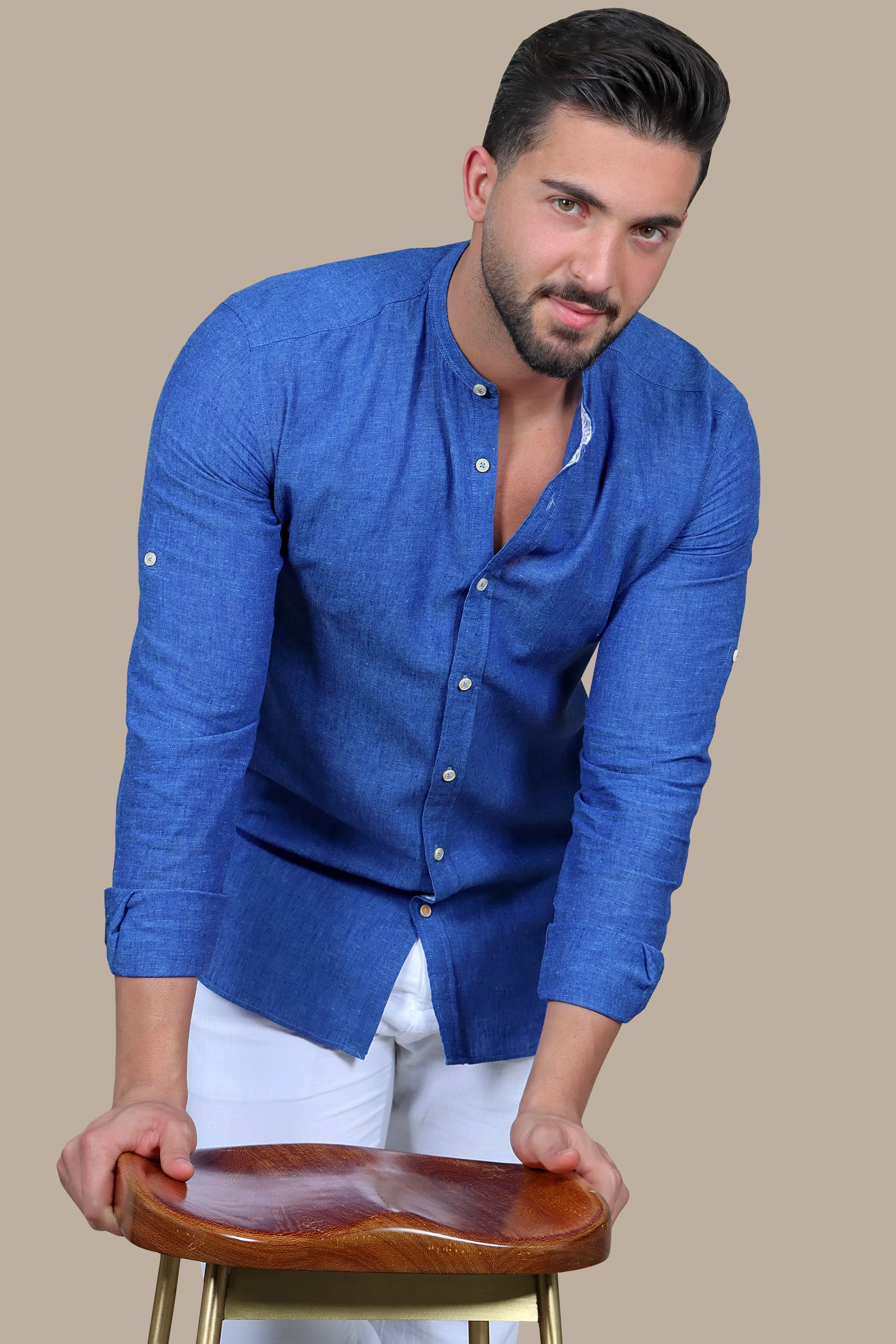 Shirt Linen Col Mao Inside Print | Indigo