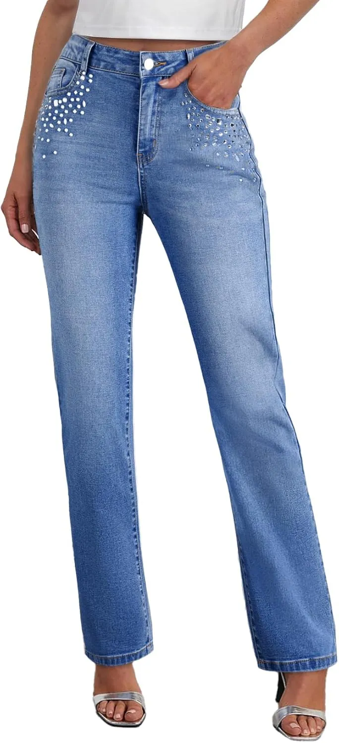 Sidefeel Women's Straight Leg Jeans High Waisted Stretchy Rhinestone Wide Leg Denim Pants