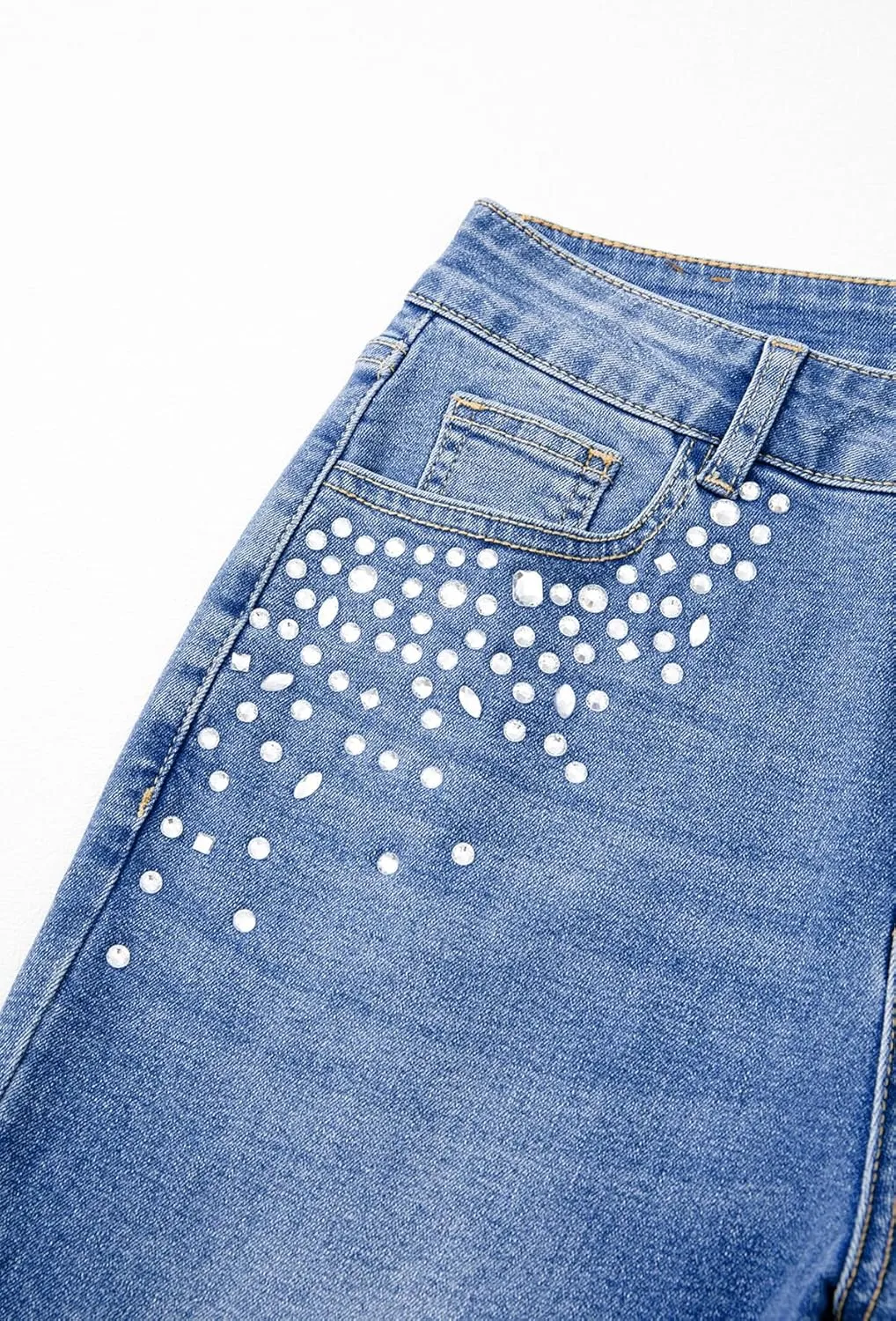 Sidefeel Women's Straight Leg Jeans High Waisted Stretchy Rhinestone Wide Leg Denim Pants