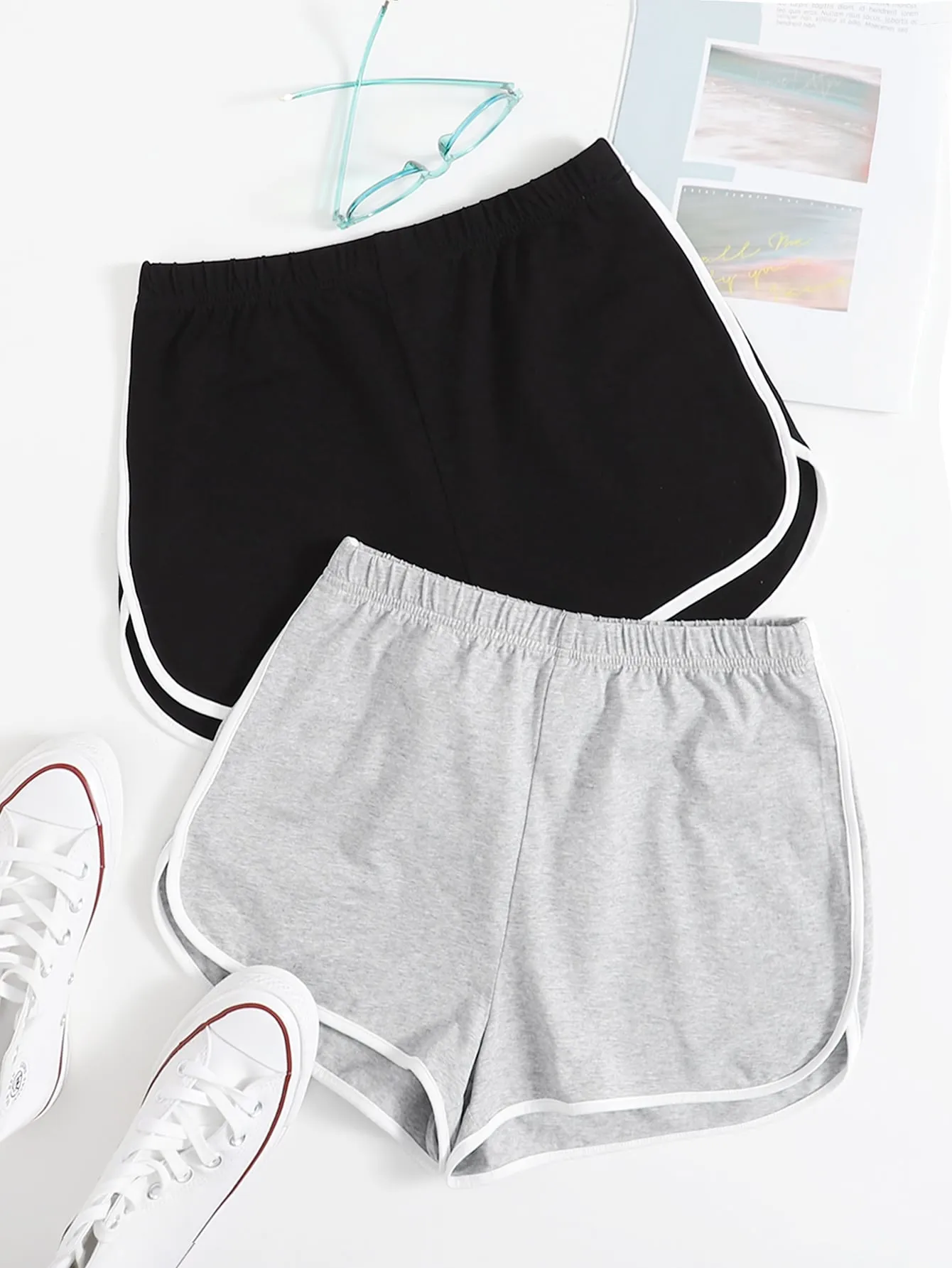 Sporty Contrast Binding High Waist Women Shorts
