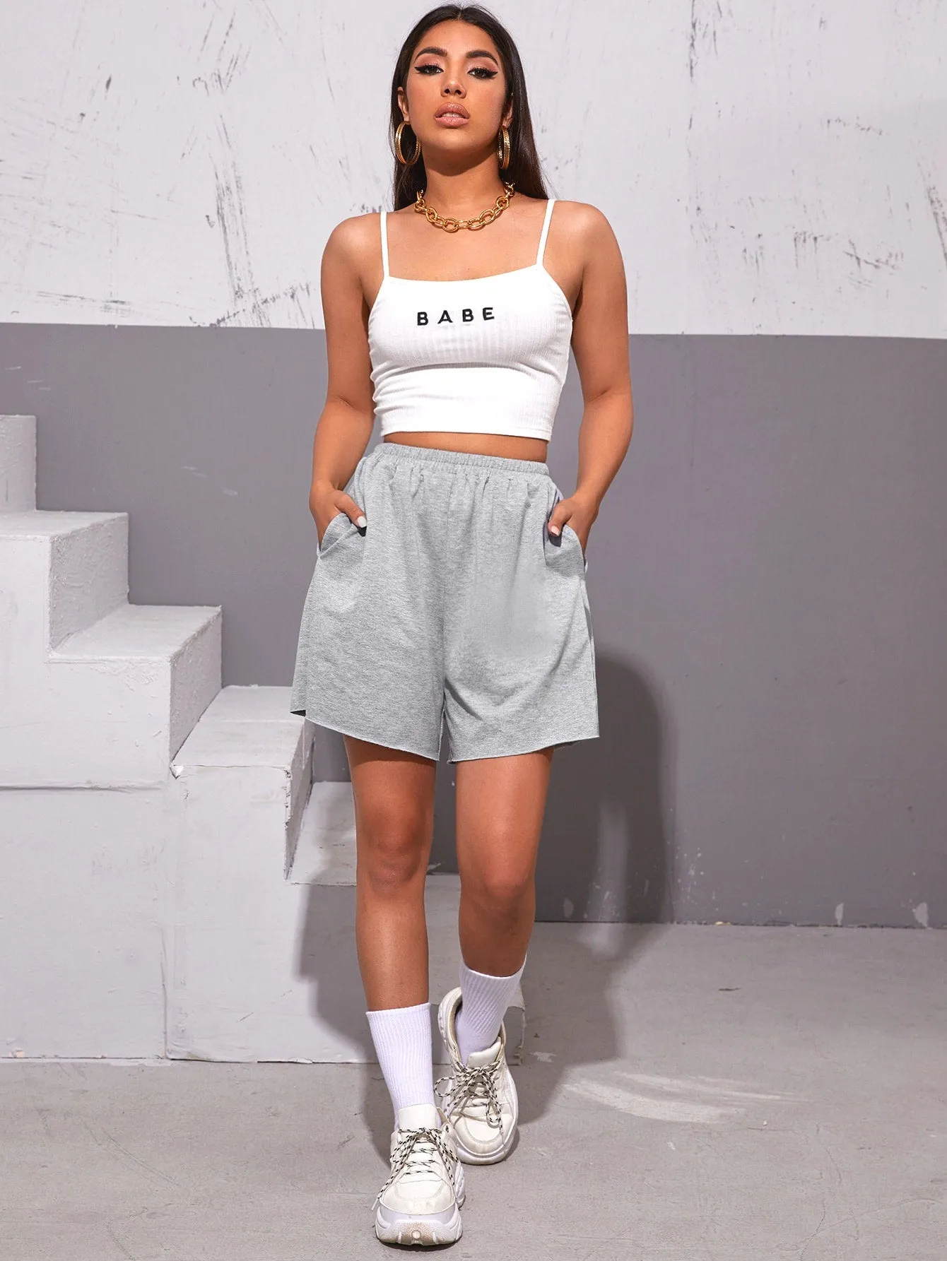 Sporty Plain Pocket High Waist Women Shorts