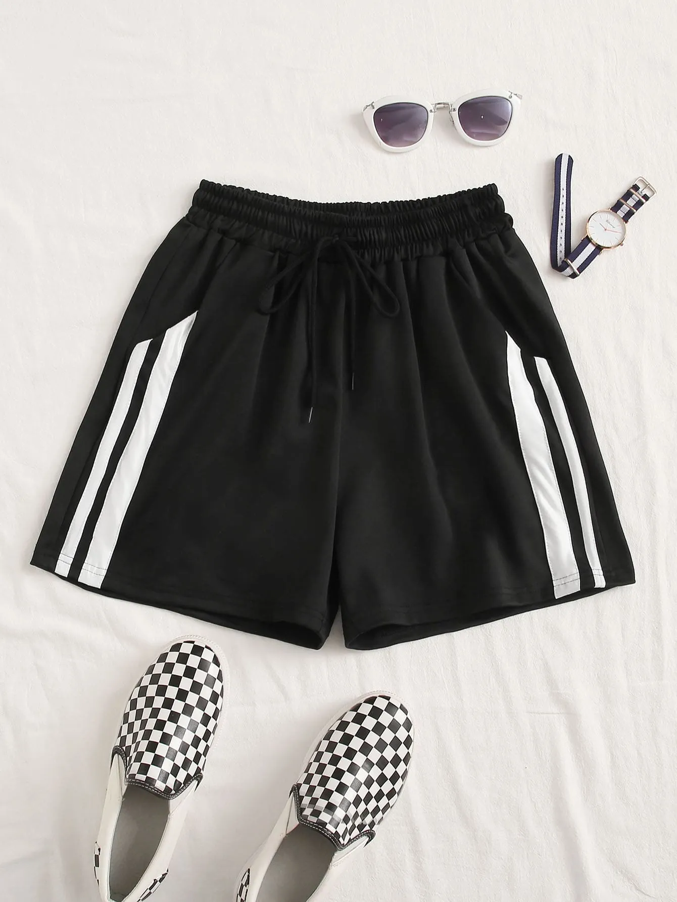Sporty Striped Drawstring High Waist Women Shorts