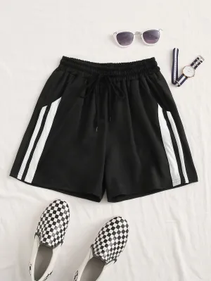 Sporty Striped Drawstring High Waist Women Shorts
