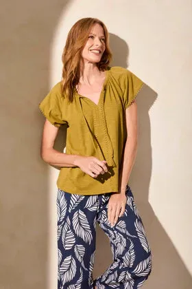S/S Split Neck Top w/Tassel-Green Moss