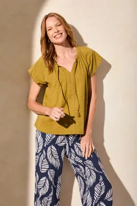 S/S Split Neck Top w/Tassel-Green Moss