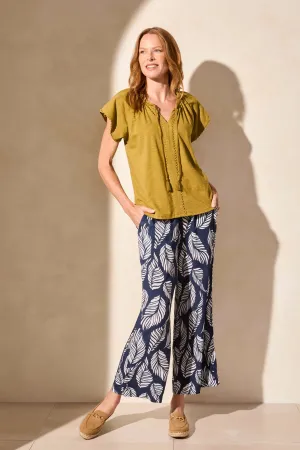 S/S Split Neck Top w/Tassel-Green Moss