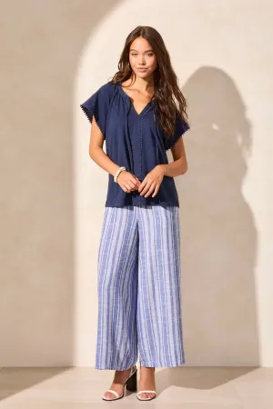 S/S Split Neck Top w/Tassel-Jet Blue