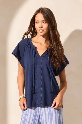 S/S Split Neck Top w/Tassel-Jet Blue