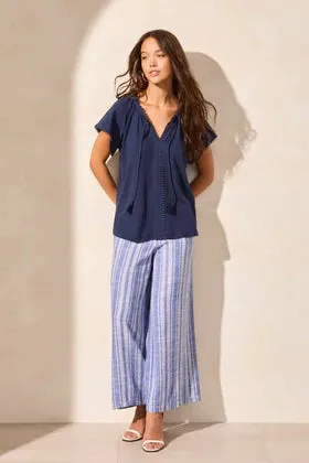 S/S Split Neck Top w/Tassel-Jet Blue