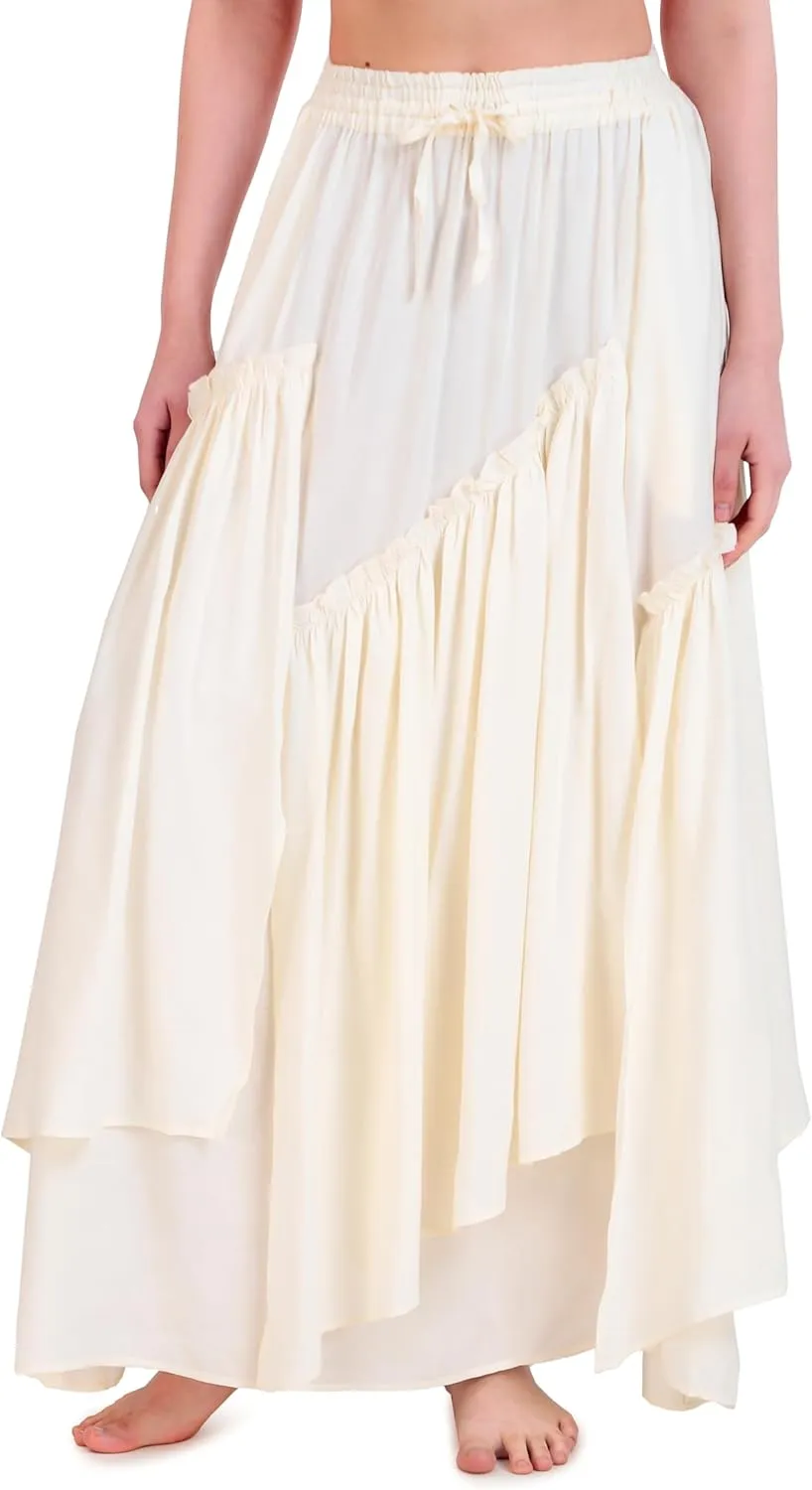 ThePirateDressing Womens Renaissance Medieval Pirate Peasant Layered Long Skirt with Elastic High Waist and Pockets
