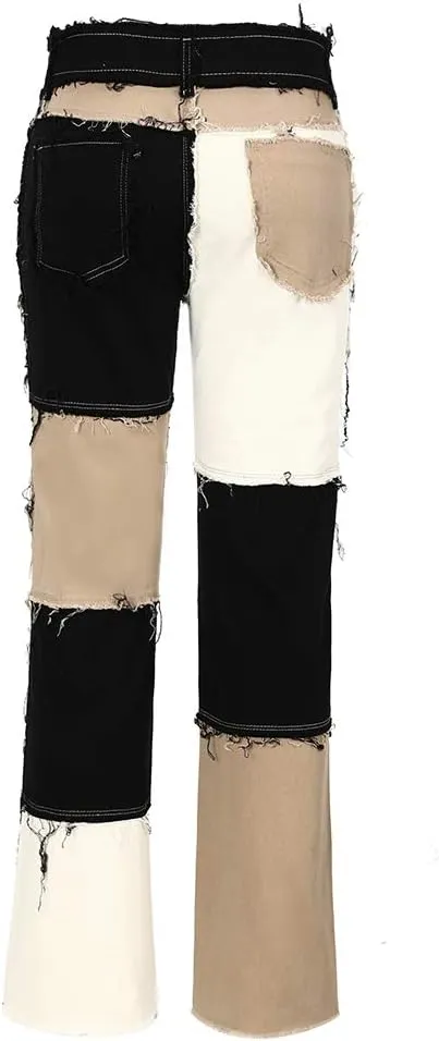 THUNDER STAR Womens Patchwork Straight Leg Jeans Mid Rise Stretch Frayed Denim Pants