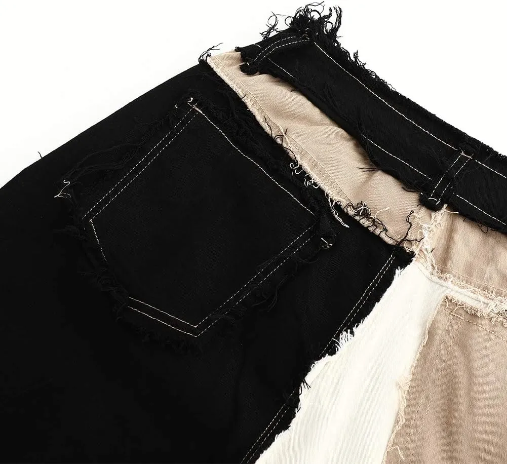 THUNDER STAR Womens Patchwork Straight Leg Jeans Mid Rise Stretch Frayed Denim Pants