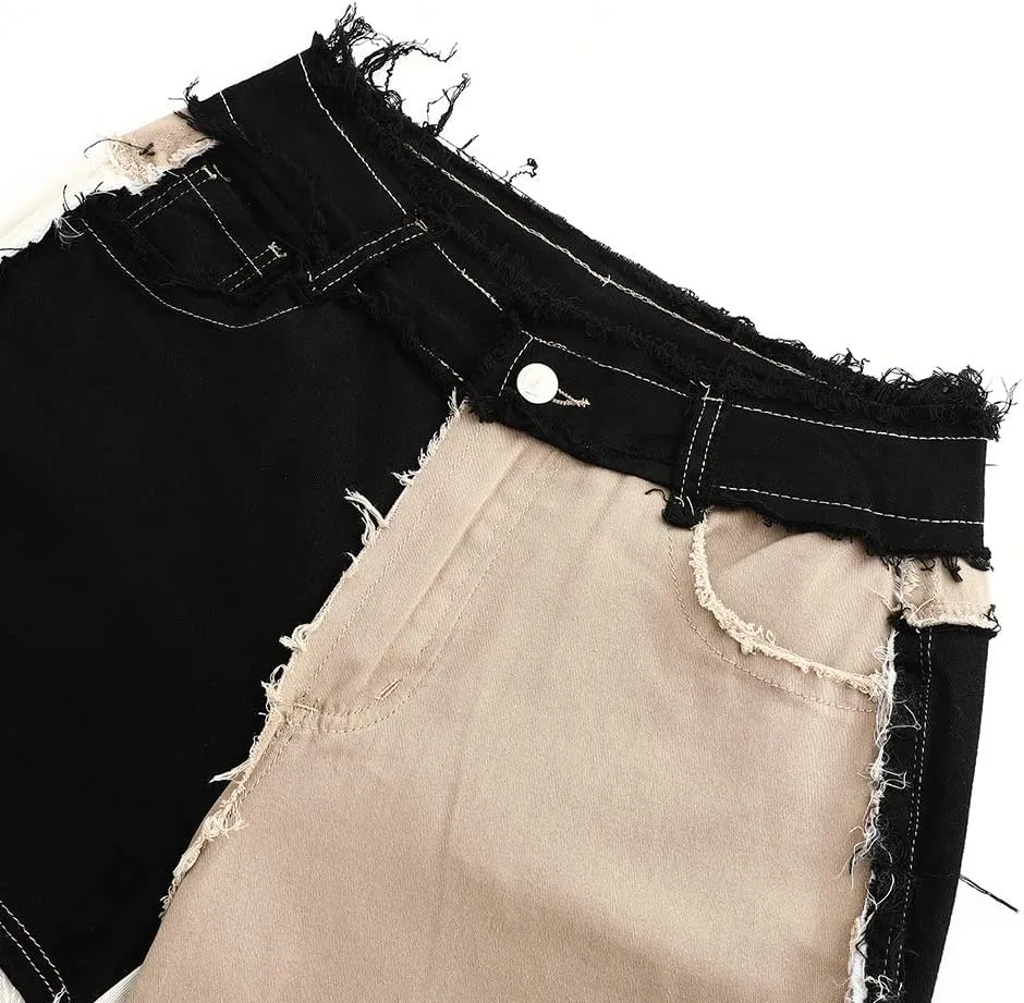 THUNDER STAR Womens Patchwork Straight Leg Jeans Mid Rise Stretch Frayed Denim Pants