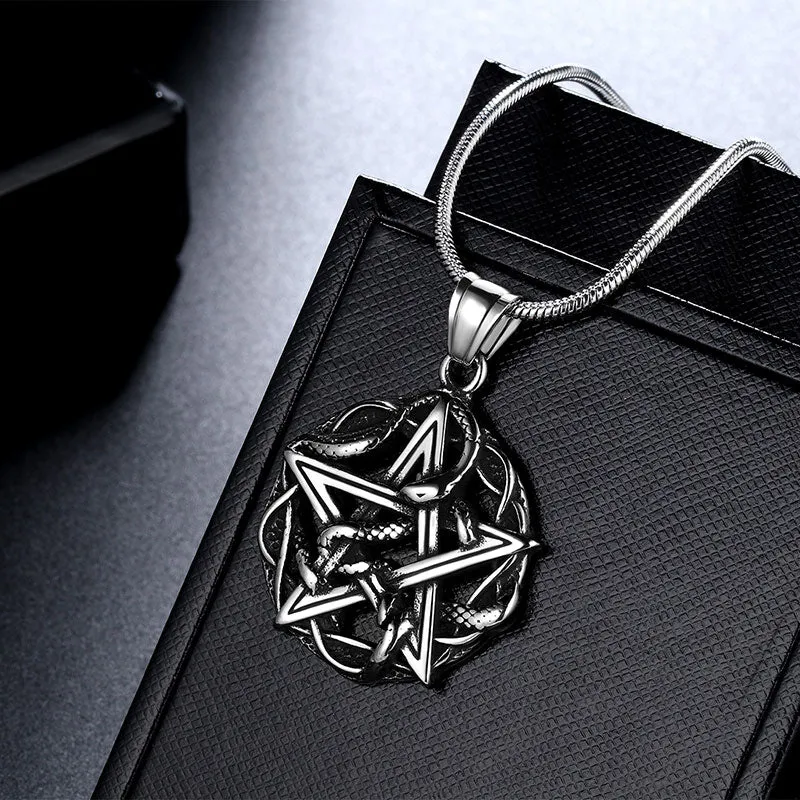 Tokyo Mart Men Wiccan Necklace Pentagram Entwined Snake Pendant Jewelry 316L Stainless Steel