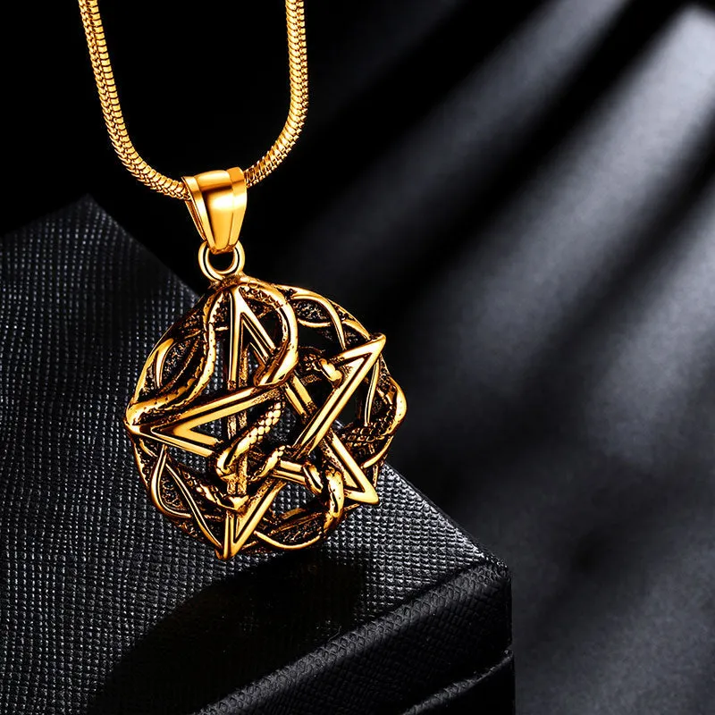 Tokyo Mart Men Wiccan Necklace Pentagram Entwined Snake Pendant Jewelry 316L Stainless Steel