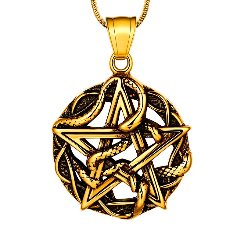 Tokyo Mart Men Wiccan Necklace Pentagram Entwined Snake Pendant Jewelry 316L Stainless Steel