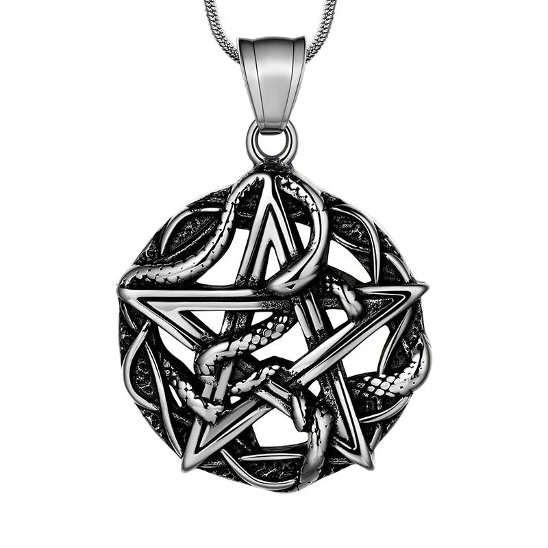 Tokyo Mart Men Wiccan Necklace Pentagram Entwined Snake Pendant Jewelry 316L Stainless Steel