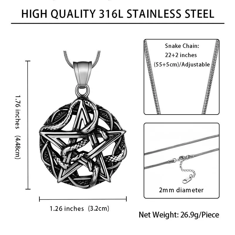 Tokyo Mart Men Wiccan Necklace Pentagram Entwined Snake Pendant Jewelry 316L Stainless Steel