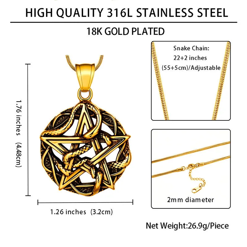 Tokyo Mart Men Wiccan Necklace Pentagram Entwined Snake Pendant Jewelry 316L Stainless Steel