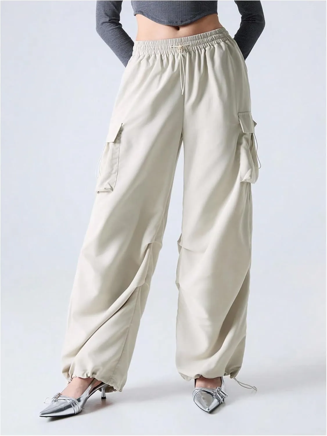 Verdusa Women's Drawstring Waist Cargo Pants Straight Leg Loose Parachute Trousers with Pockets
