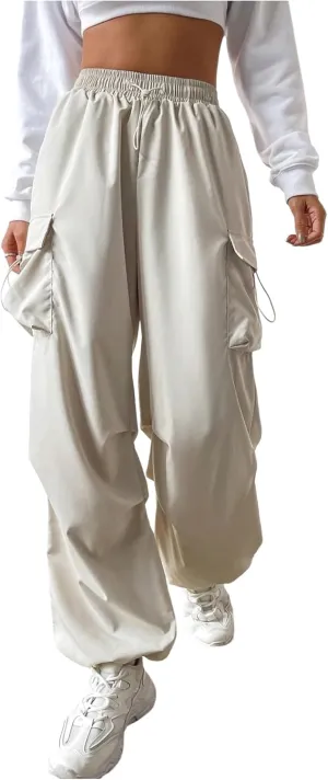 Verdusa Women's Drawstring Waist Cargo Pants Straight Leg Loose Parachute Trousers with Pockets