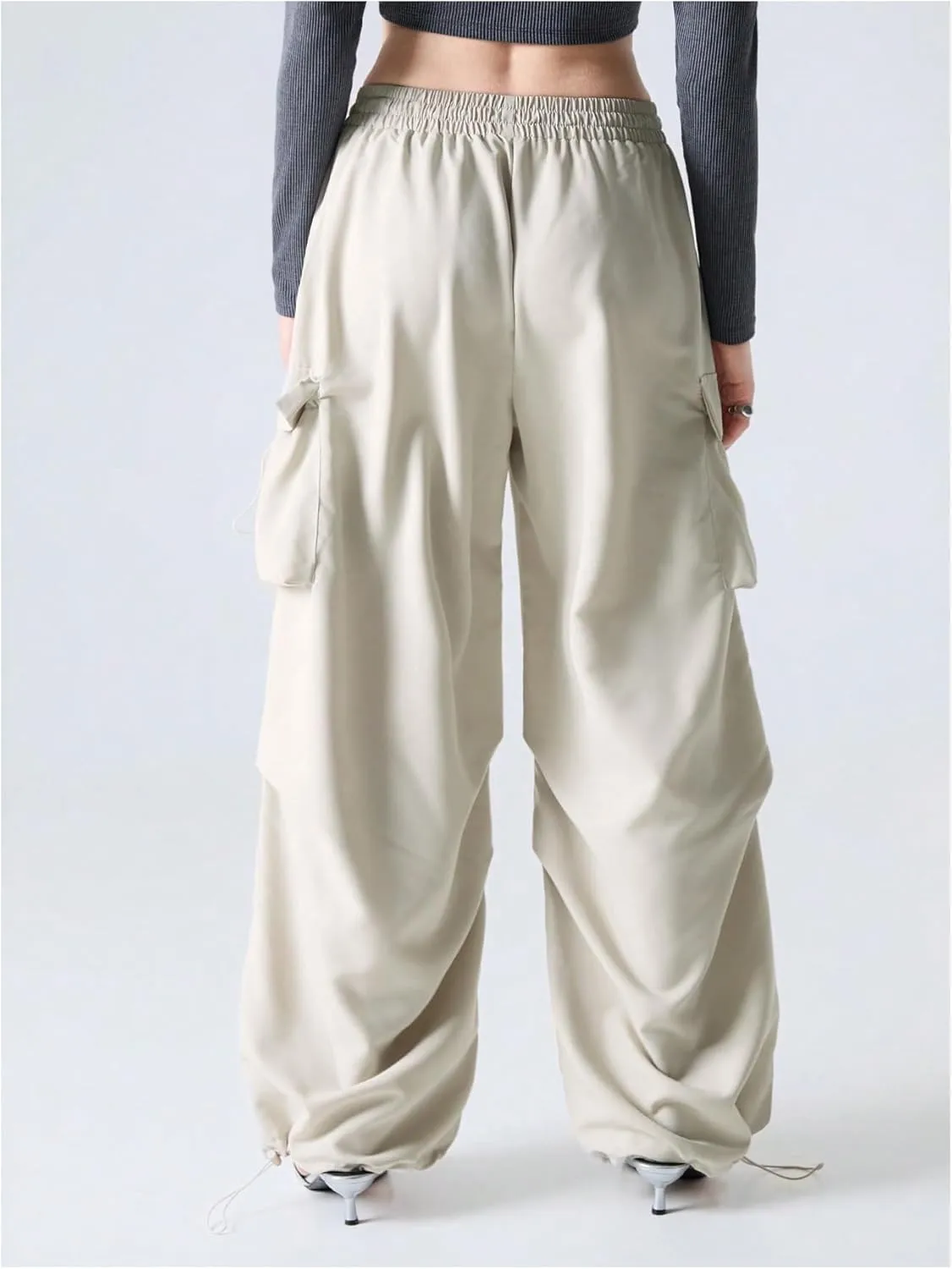 Verdusa Women's Drawstring Waist Cargo Pants Straight Leg Loose Parachute Trousers with Pockets