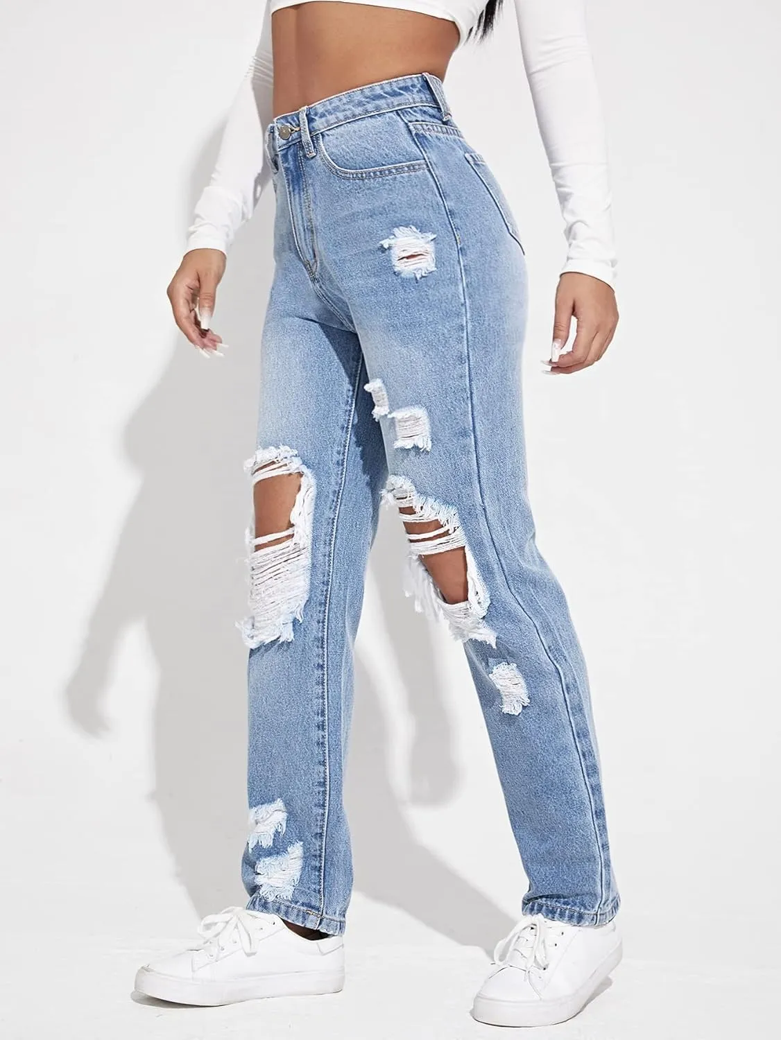 WDIRARA Women's High Waisted Ripped Straight Leg Jeans Cut Out Button Denim Pants