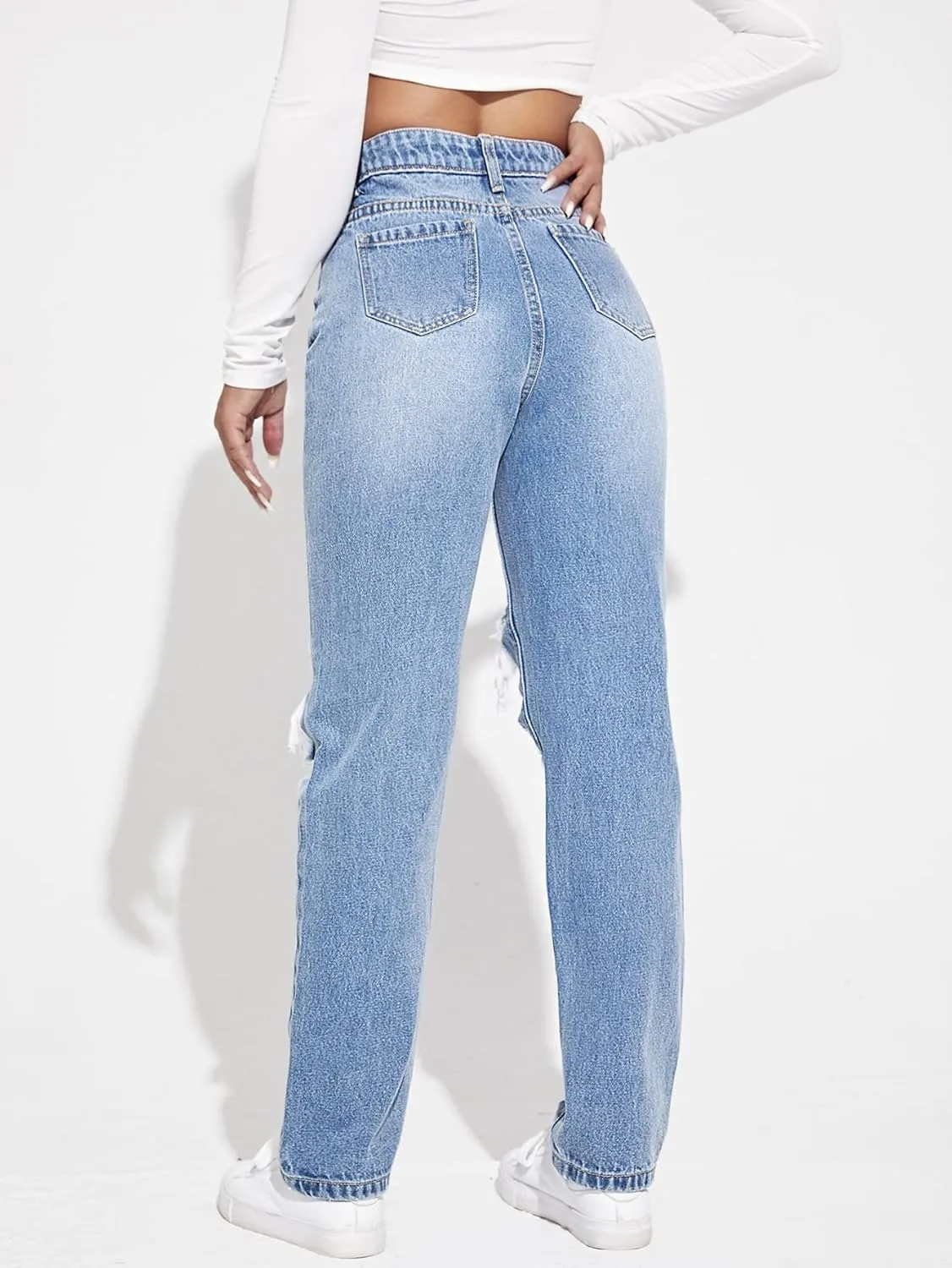 WDIRARA Women's High Waisted Ripped Straight Leg Jeans Cut Out Button Denim Pants