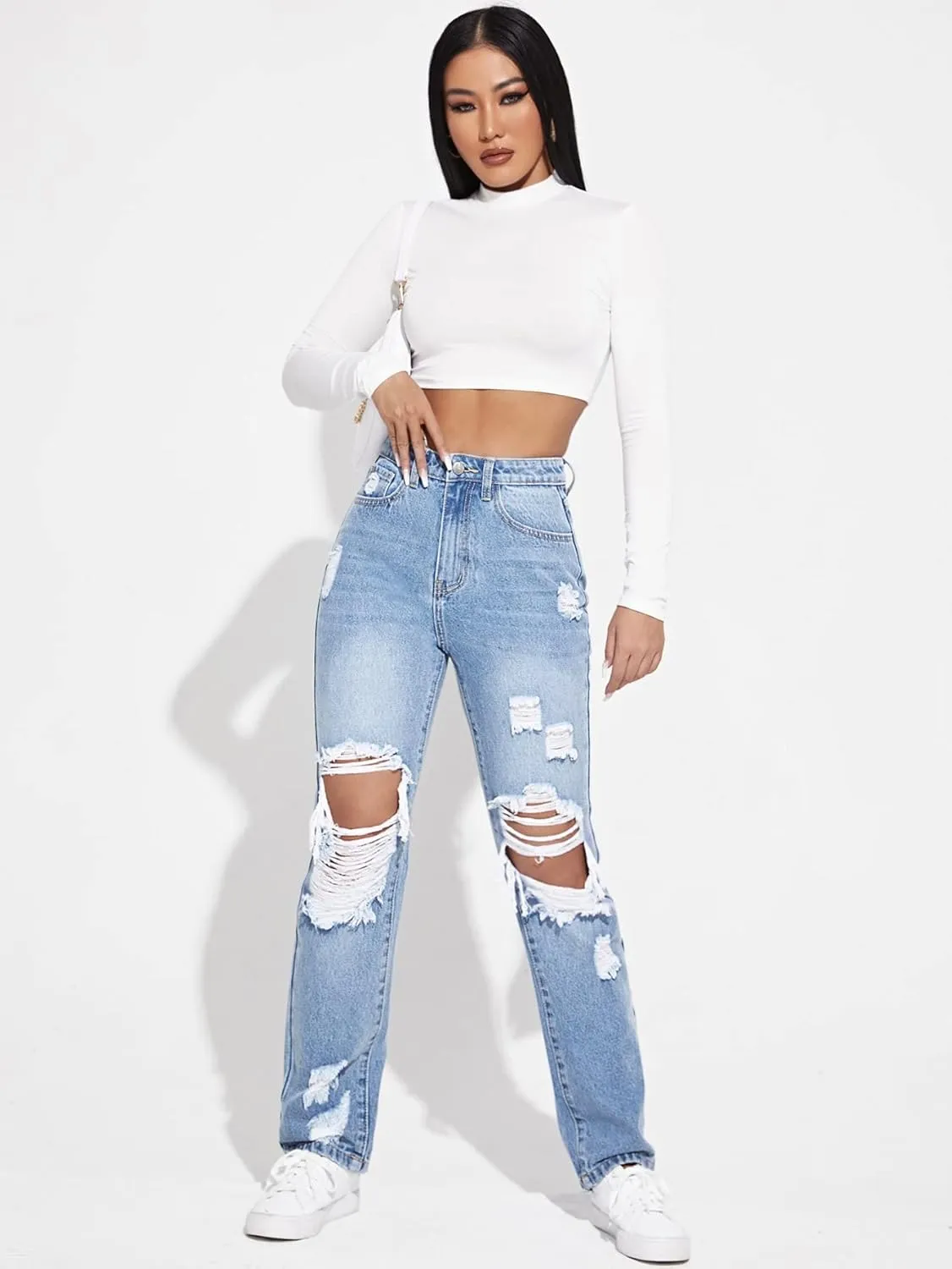 WDIRARA Women's High Waisted Ripped Straight Leg Jeans Cut Out Button Denim Pants