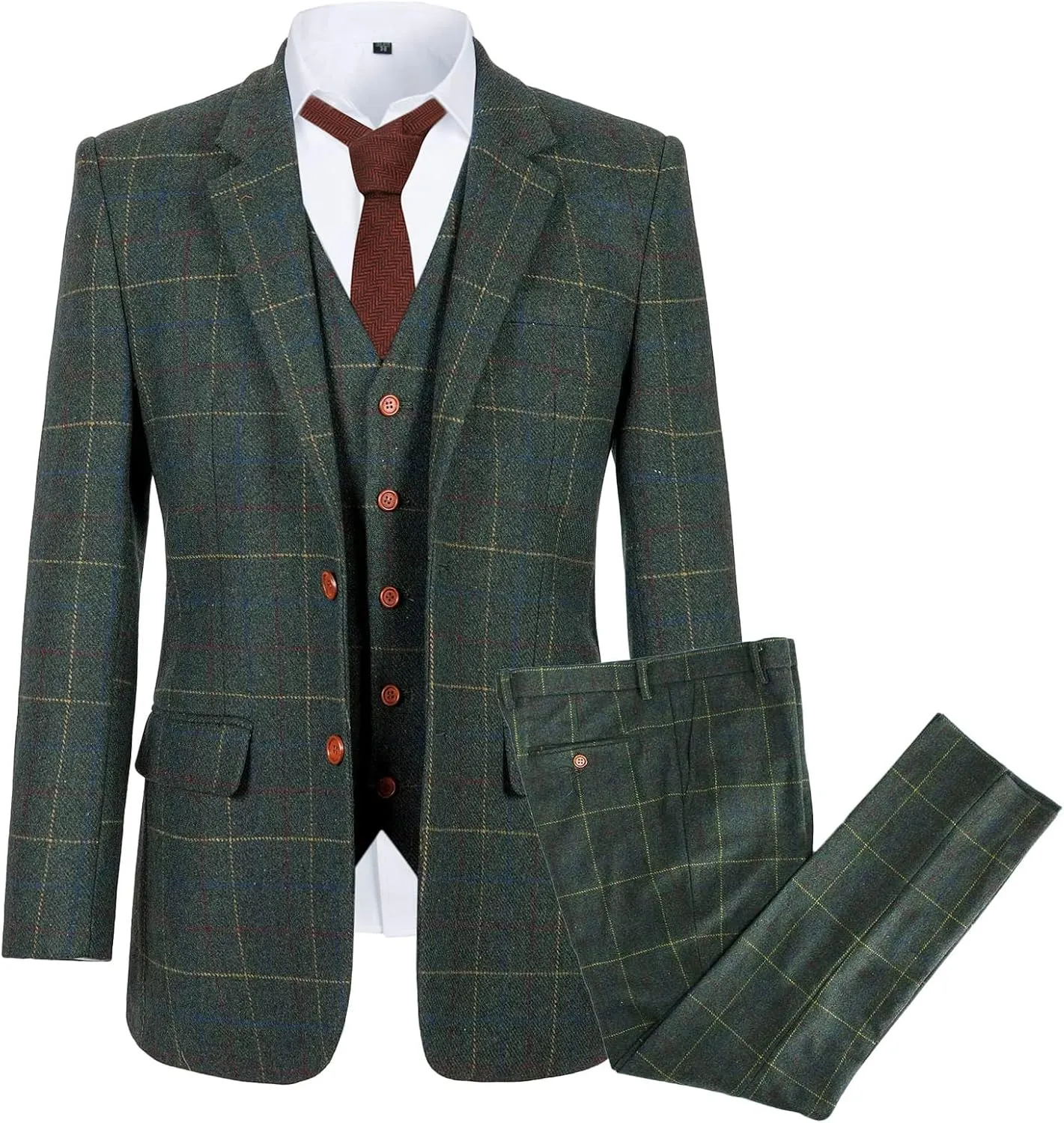 Wemaliyzd Mens Vintage 3 Piece Checkered Plaid Suit Tweed Blazer Vest Pants