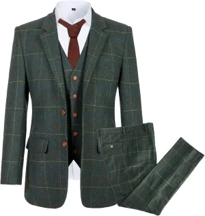 Wemaliyzd Mens Vintage 3 Piece Checkered Plaid Suit Tweed Blazer Vest Pants