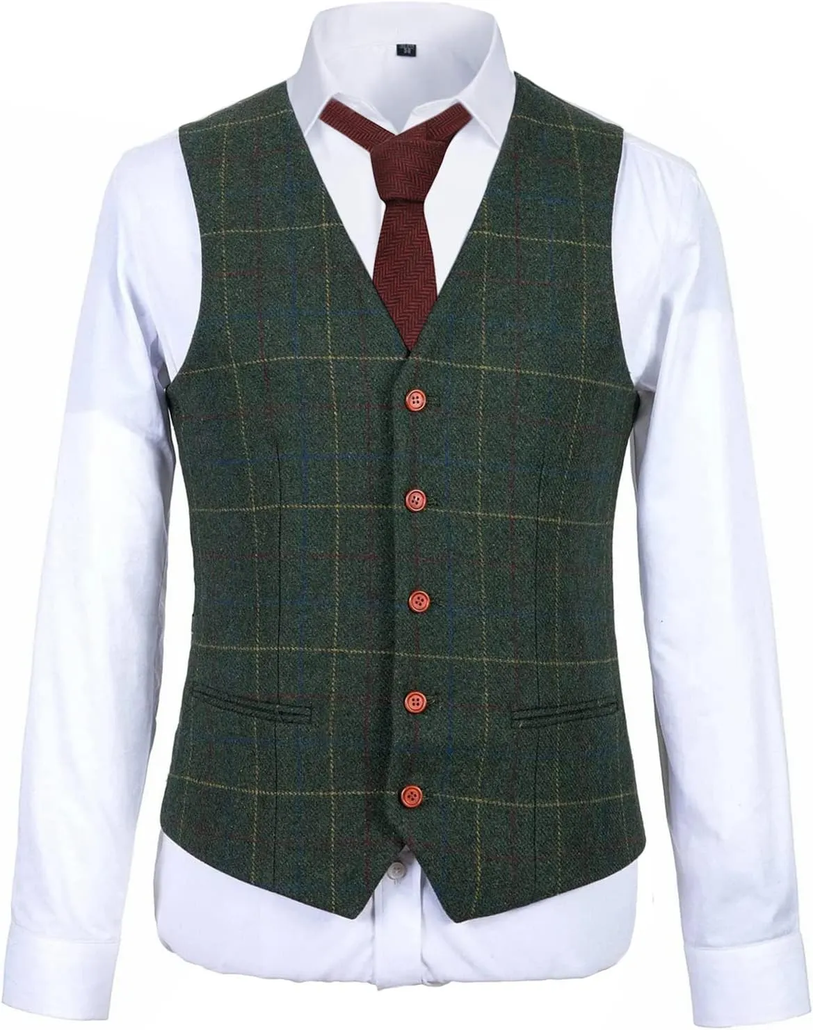 Wemaliyzd Mens Vintage 3 Piece Checkered Plaid Suit Tweed Blazer Vest Pants