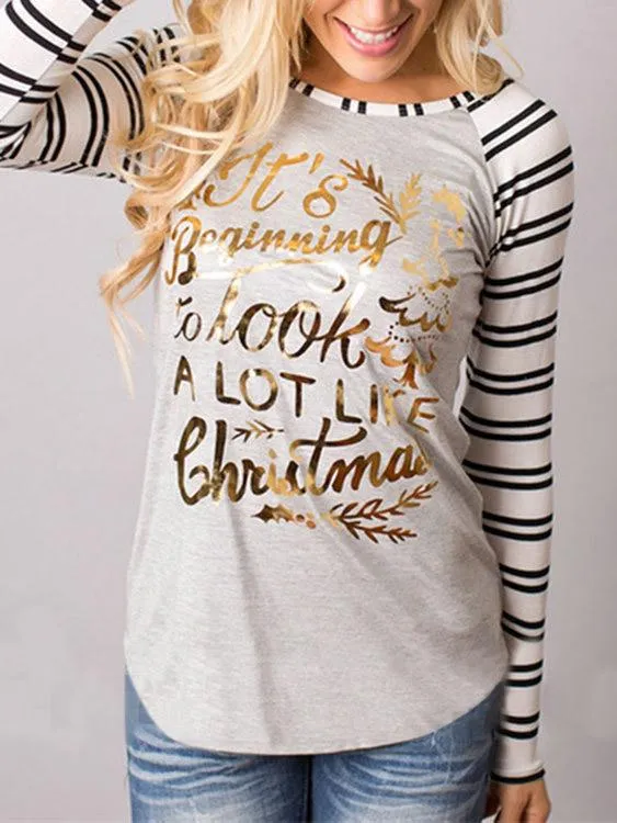 Wholesale Round Neck Stripe Letter Long Sleeve Bodycon Hem Top