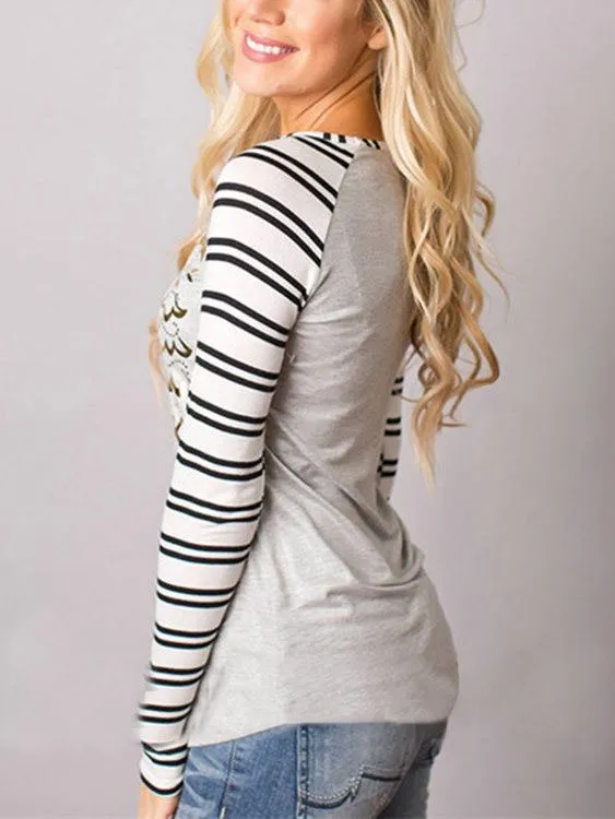 Wholesale Round Neck Stripe Letter Long Sleeve Bodycon Hem Top