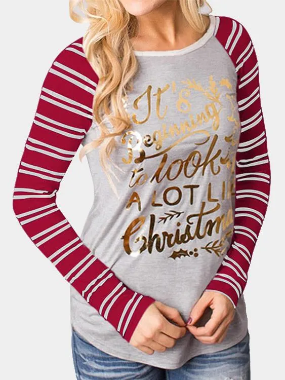 Wholesale Round Neck Stripe Letter Long Sleeve Bodycon Hem Top