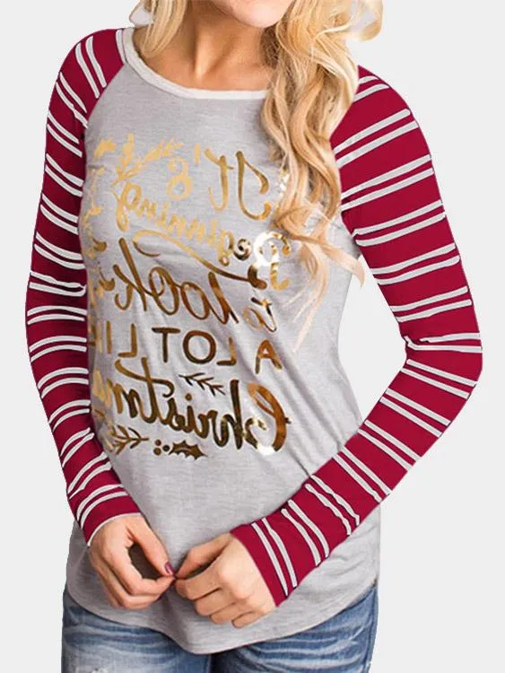 Wholesale Round Neck Stripe Letter Long Sleeve Bodycon Hem Top