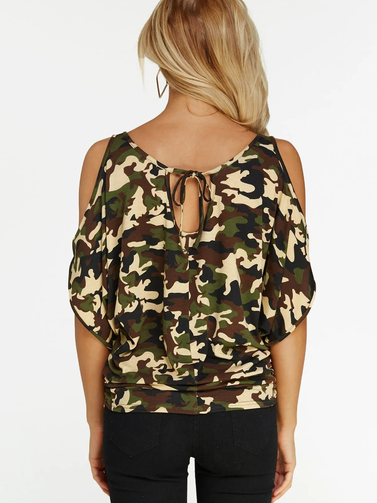 Wholesale Scoop Neck Cold Shoulder Cut Out Tie-Up Short Sleeve Camouflage T-Shirts
